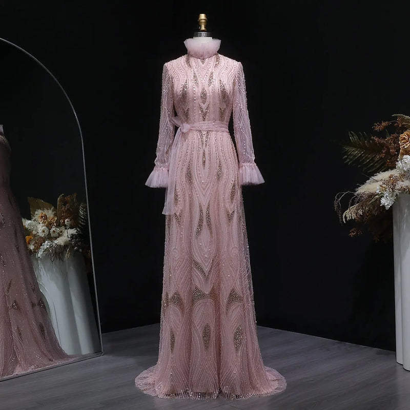Luxury High-Neck Pink Beaded Embroidered Evening Dress with Belt SS386 