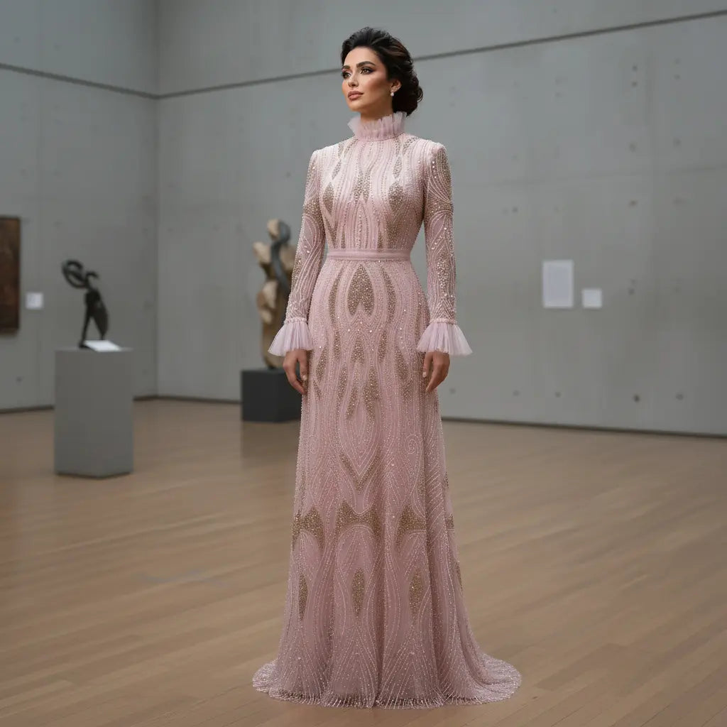 Luxury High-Neck Pink Beaded Embroidered Evening Dress with Belt SS386 