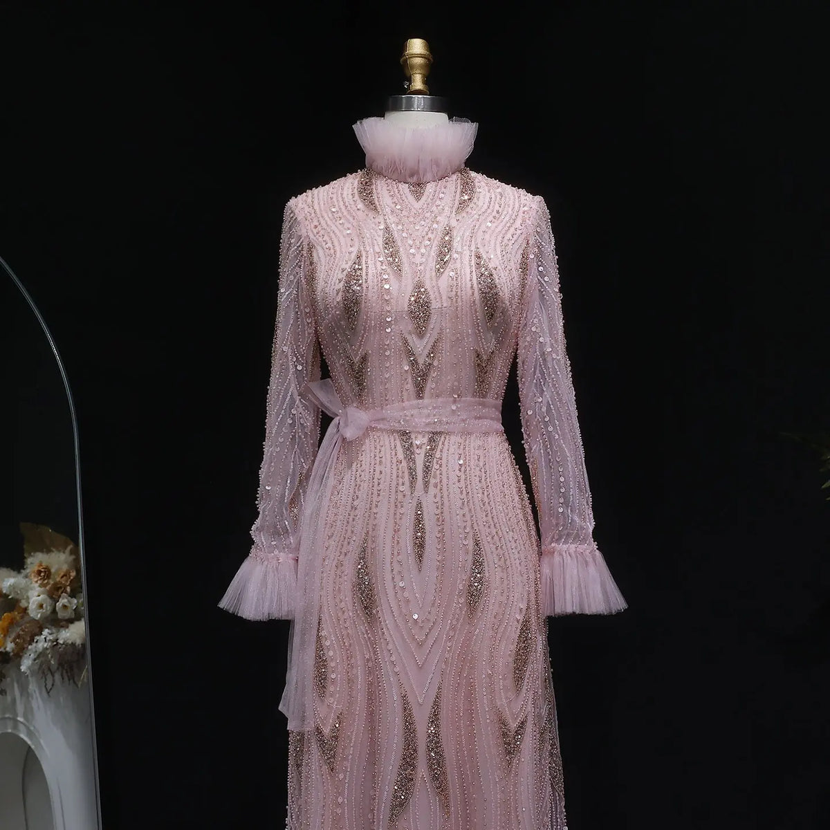Luxury High-Neck Pink Beaded Embroidered Evening Dress with Belt SS386 