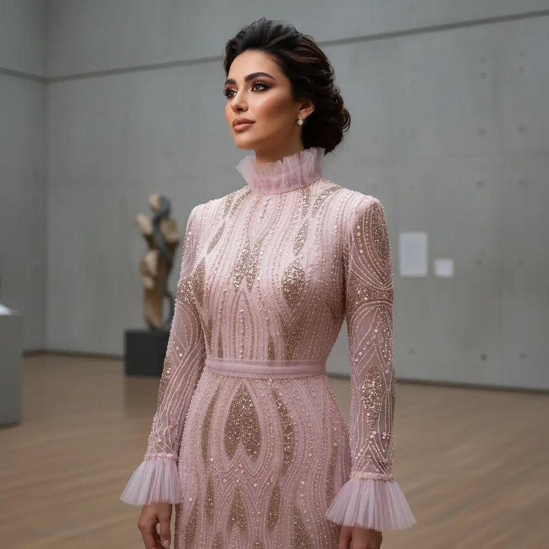 Luxury High-Neck Pink Beaded Embroidered Evening Dress with Belt SS386 