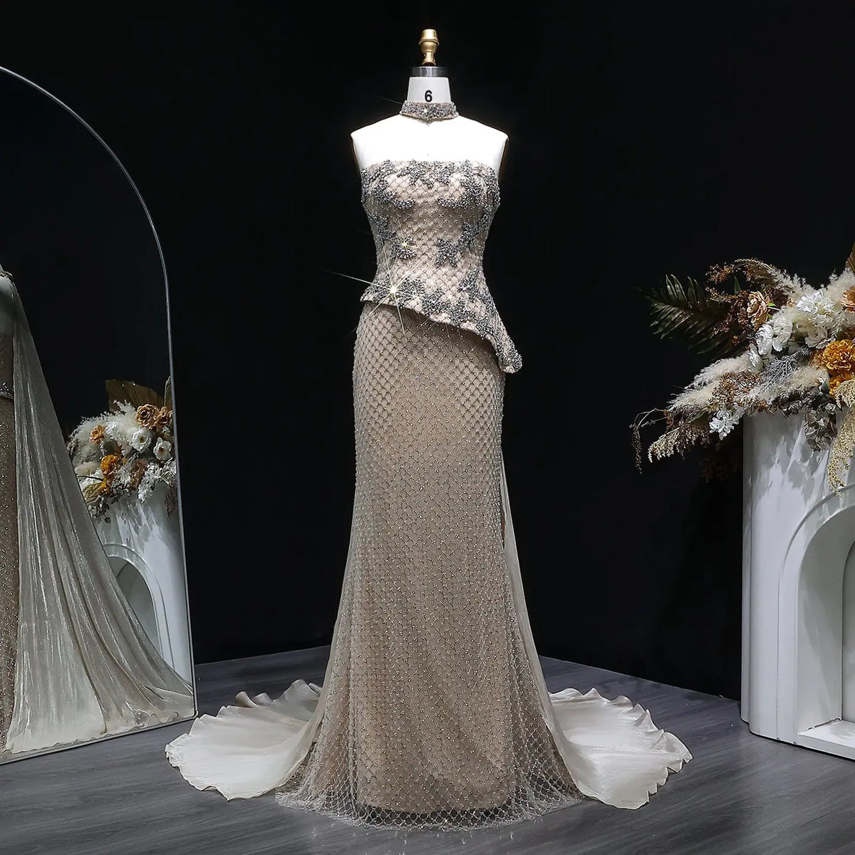 Luxury Champagne 2 Piece Strapless Beaded Evening Dress with Cap SS394 