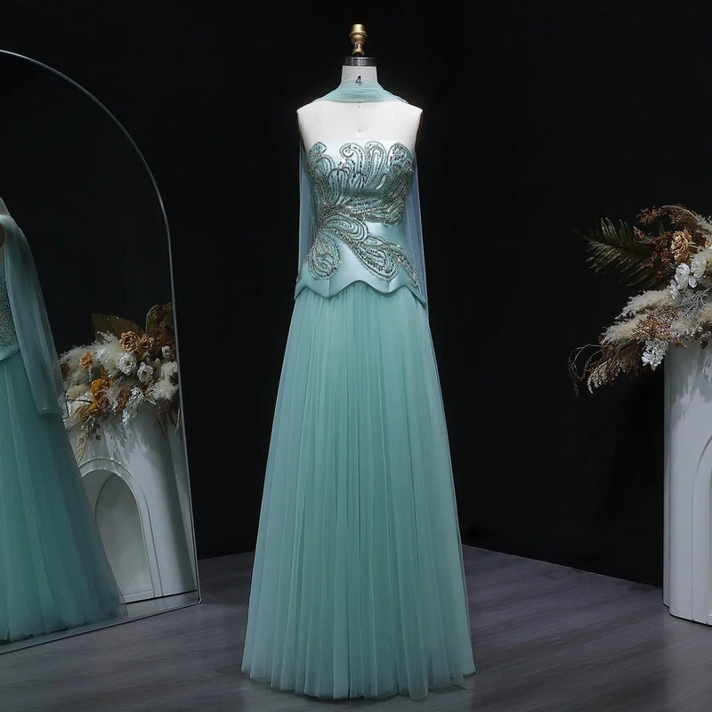 Luxury Aqua Strapless Sequin Cape A-line Evening Dress with Scarf SS413 