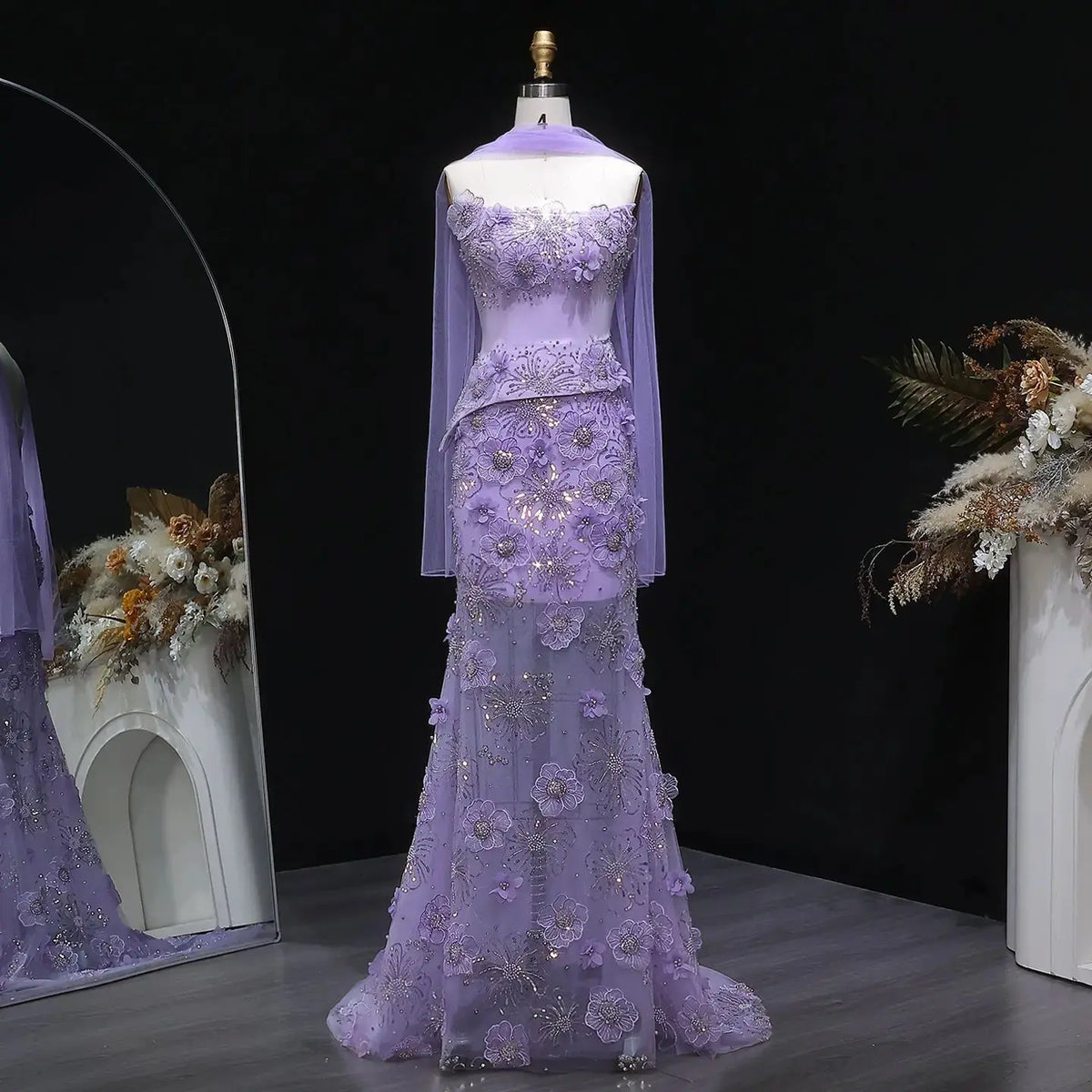 Romantic Lilac 3D Floral Applique Sheer Tulle Mermaid Evening Dress with Scarf SS415 Romantic Lilac 3D Floral Applique Sheer Tulle Mermaid Evening Dress with Scarf SS415