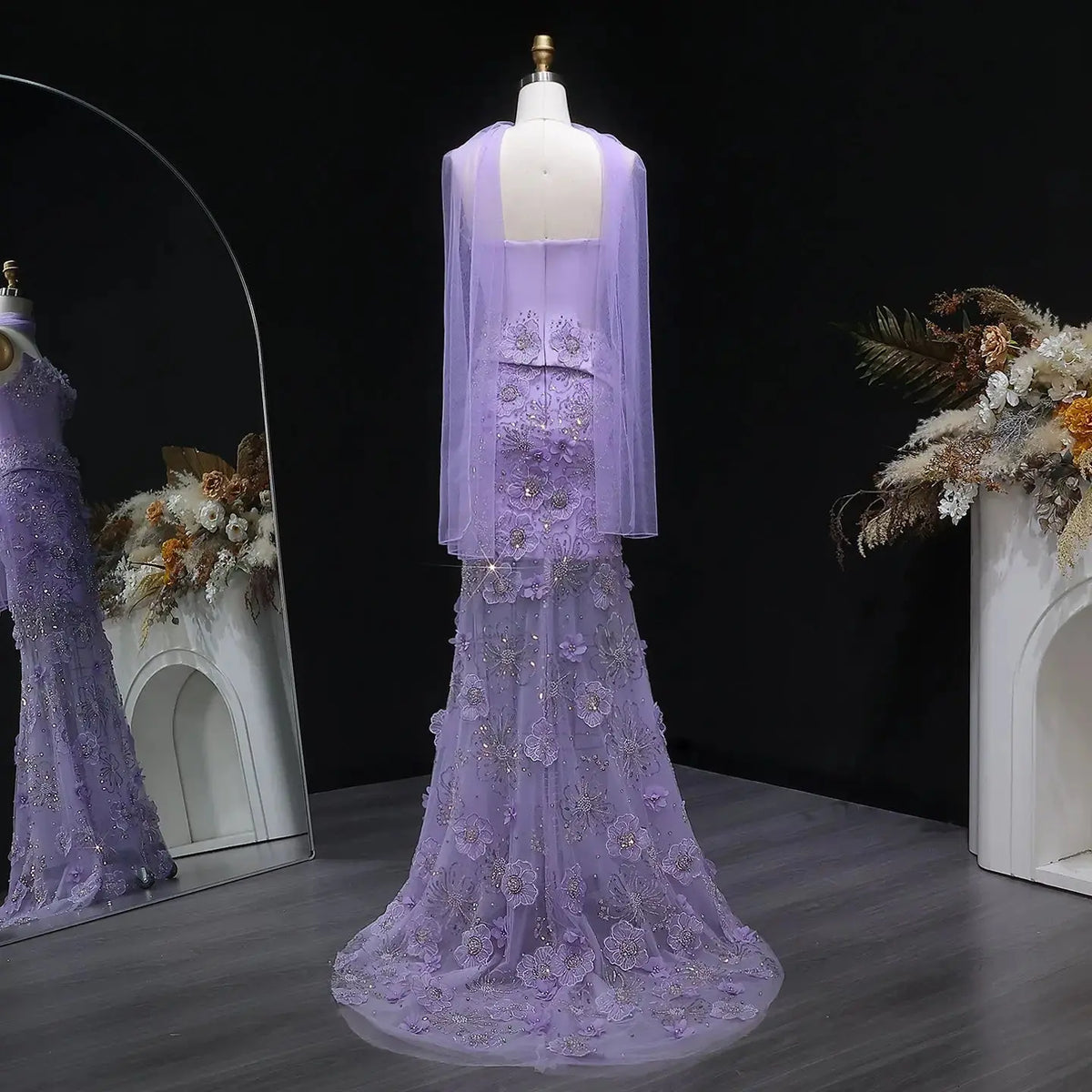 Romantic Lilac 3D Floral Applique Sheer Tulle Mermaid Evening Dress with Scarf SS415 Romantic Lilac 3D Floral Applique Sheer Tulle Mermaid Evening Dress with Scarf SS415
