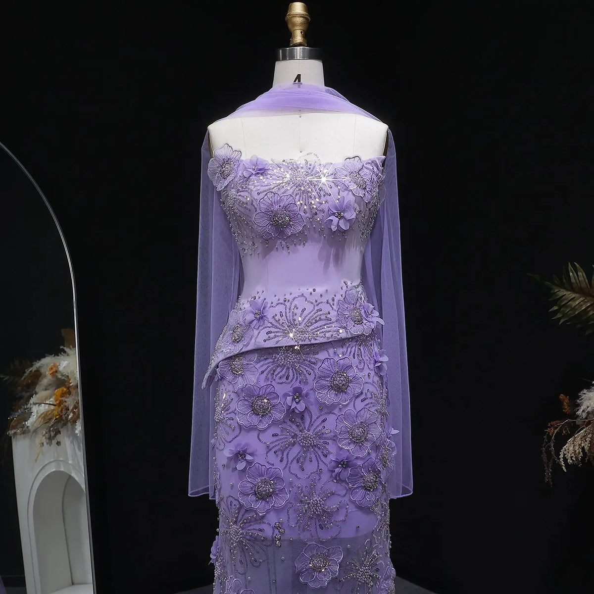 Romantic Lilac 3D Floral Applique Sheer Tulle Mermaid Evening Dress with Scarf SS415 