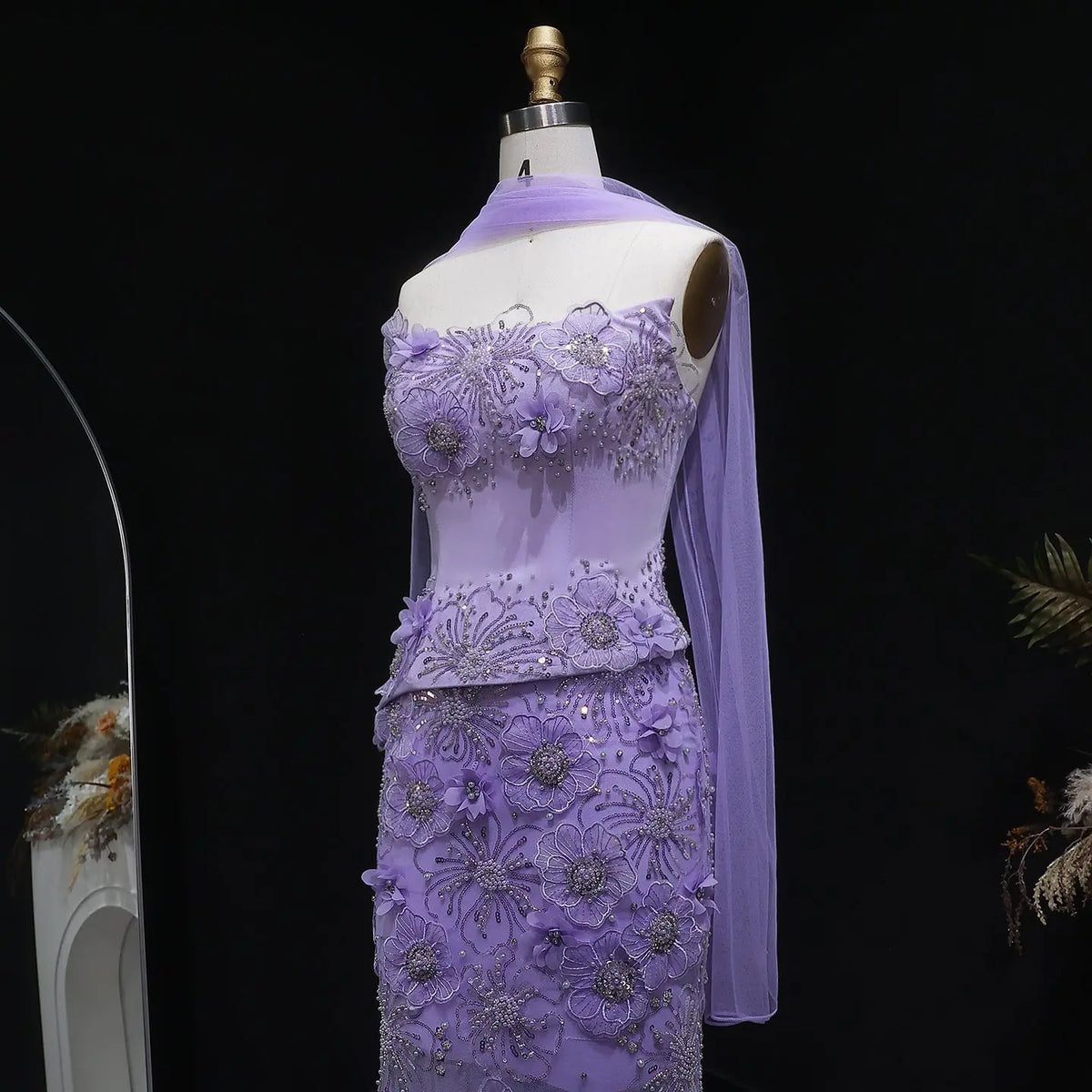 Romantic Lilac 3D Floral Applique Sheer Tulle Mermaid Evening Dress with Scarf SS415 