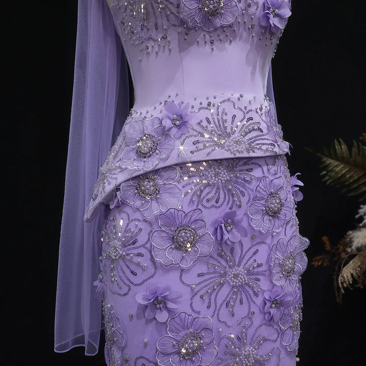 Romantic Lilac 3D Floral Applique Sheer Tulle Mermaid Evening Dress with Scarf SS415 
