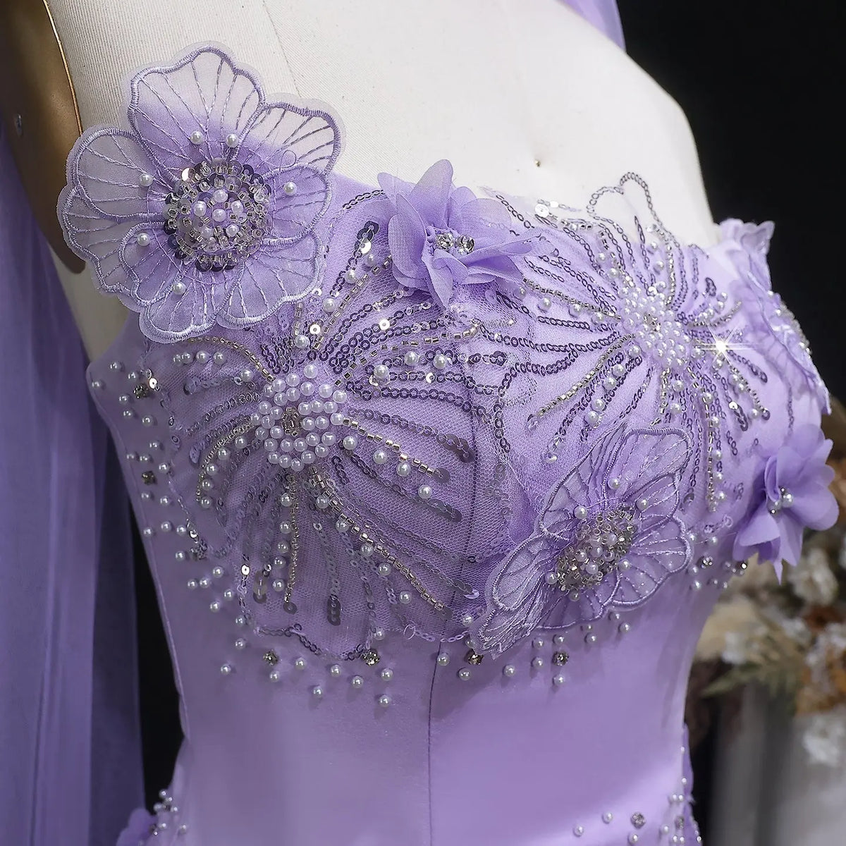 Romantic Lilac 3D Floral Applique Sheer Tulle Mermaid Evening Dress with Scarf SS415 