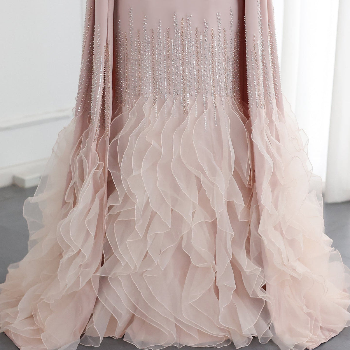 Luxury Nude Ruffles Evening Dress with Cape Sleeves SS440 