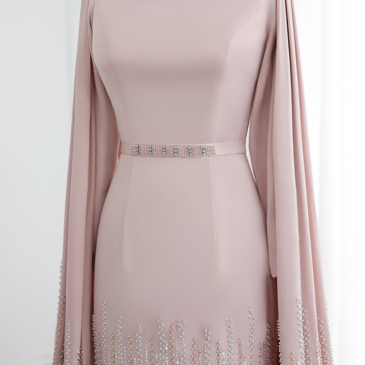 Luxury Nude Ruffles Evening Dress with Cape Sleeves SS440 