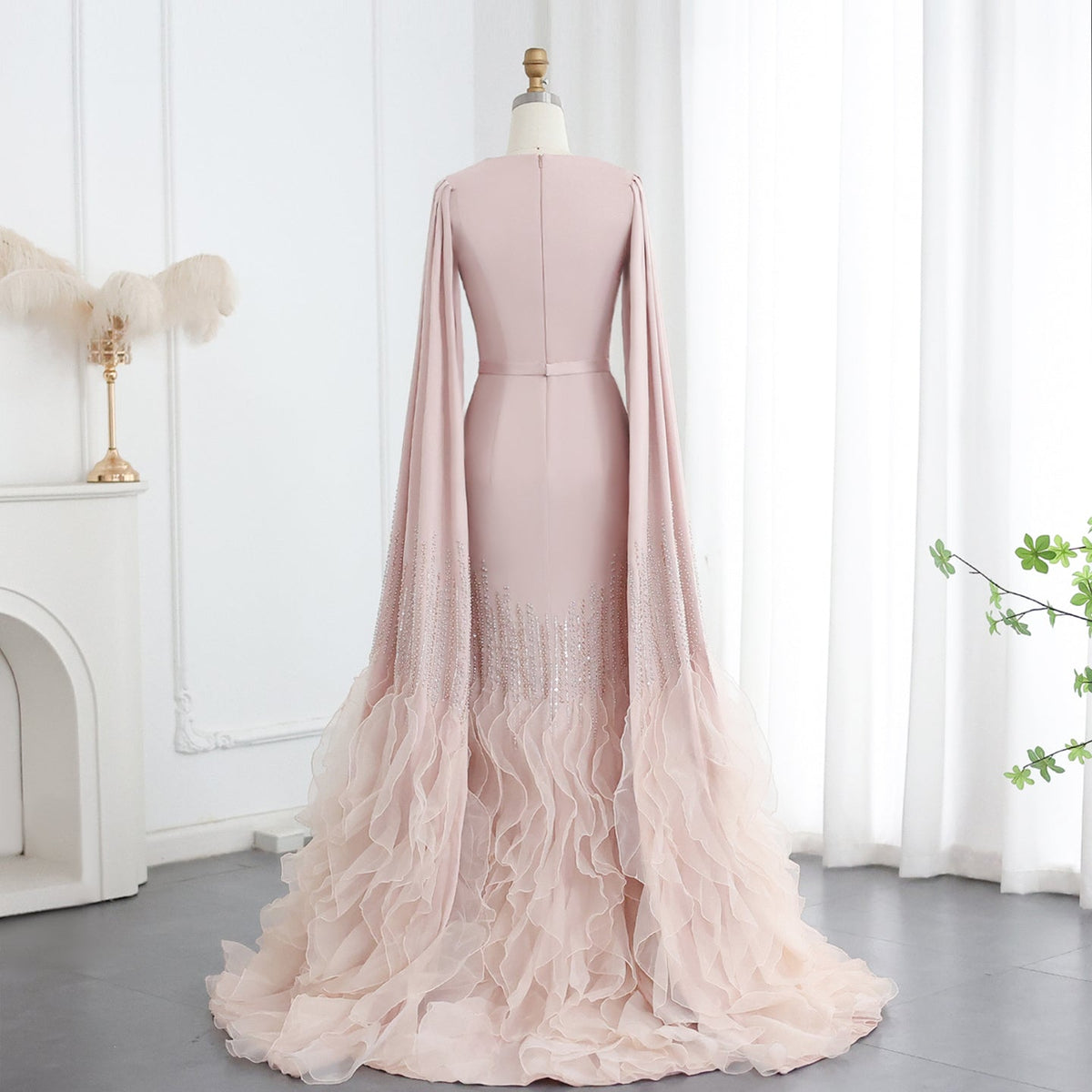 Luxury Nude Ruffles Evening Dress with Cape Sleeves SS440 