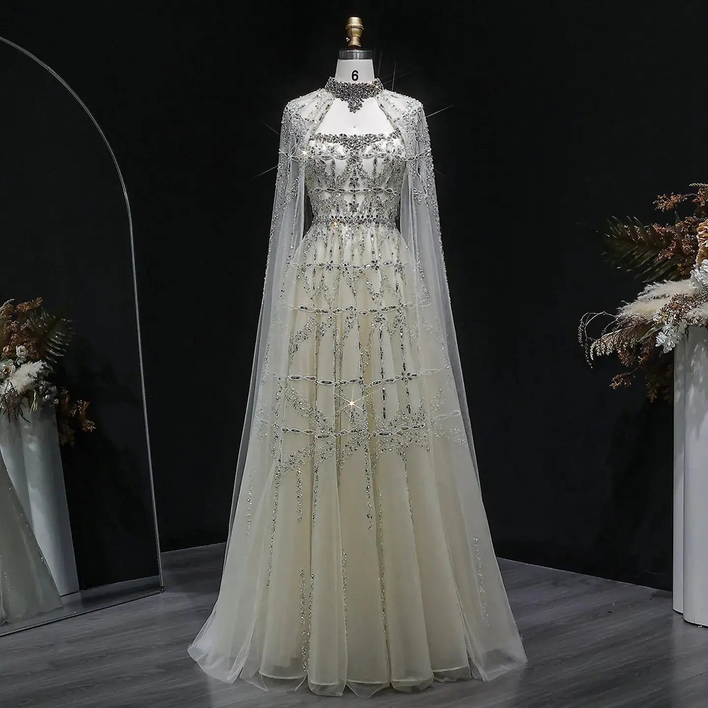 Luxury Cream Heavy Beaded Train Evening Dress with Cape SS486