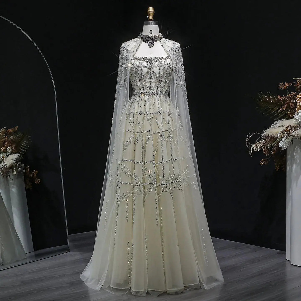 cape evening dress Luxury Cream Heavy Beaded Train Evening Dress with Cape SS486
