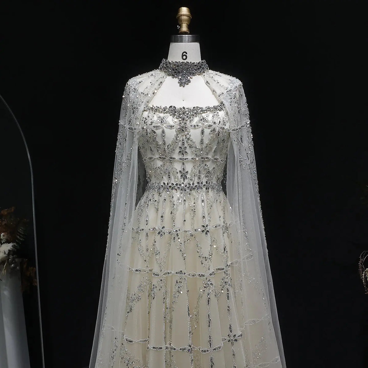 Luxury Cream Heavy Beaded Train Evening Dress with Cape SS486 