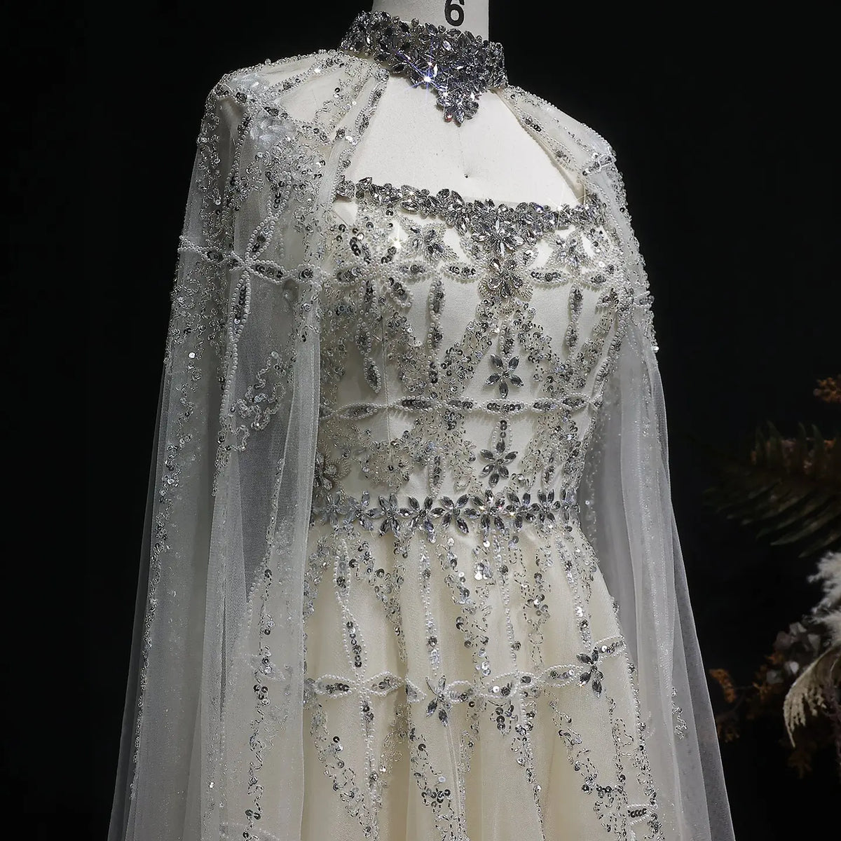 Luxury Cream Heavy Beaded Train Evening Dress with Cape SS486 