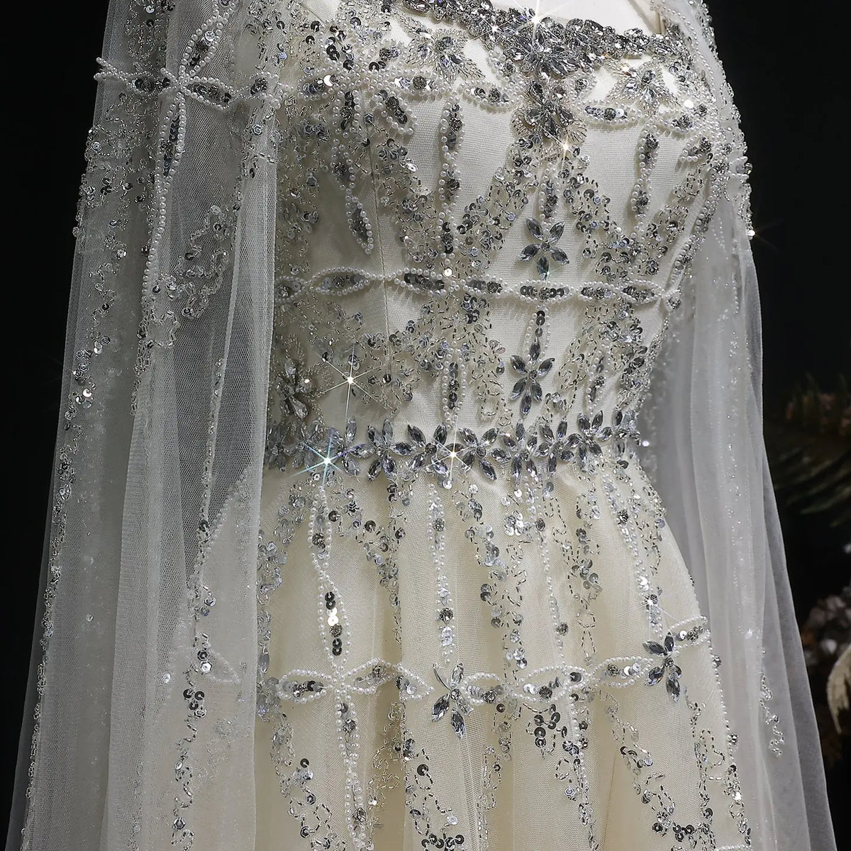 Luxury Cream Heavy Beaded Train Evening Dress with Cape SS486 Luxury Cream Heavy Beaded Train Evening Dress with Cape SS486
