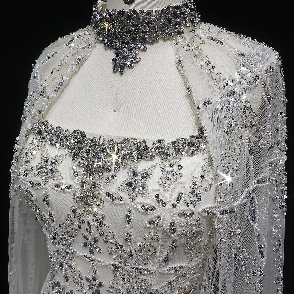 Luxury Cream Heavy Beaded Train Evening Dress with Cape SS486 