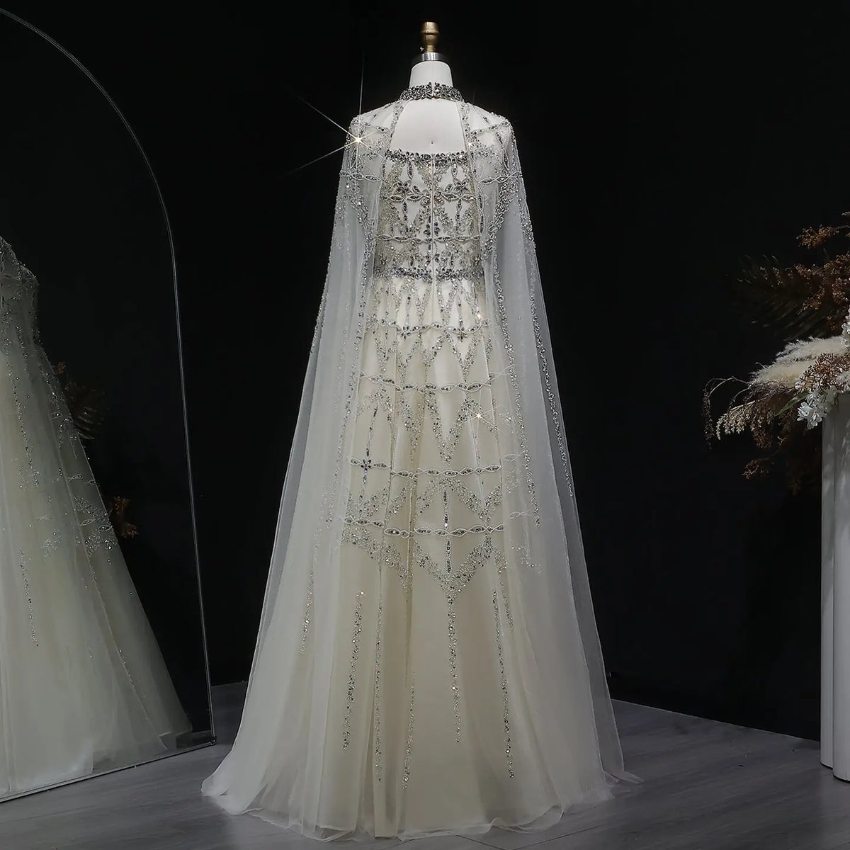 Luxury Cream Heavy Beaded Train Evening Dress with Cape SS486 