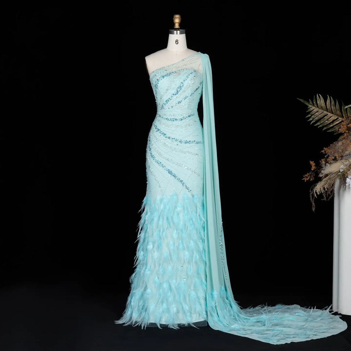 Luxury Feather Turquoise One Shoulder Evening Dress SS498