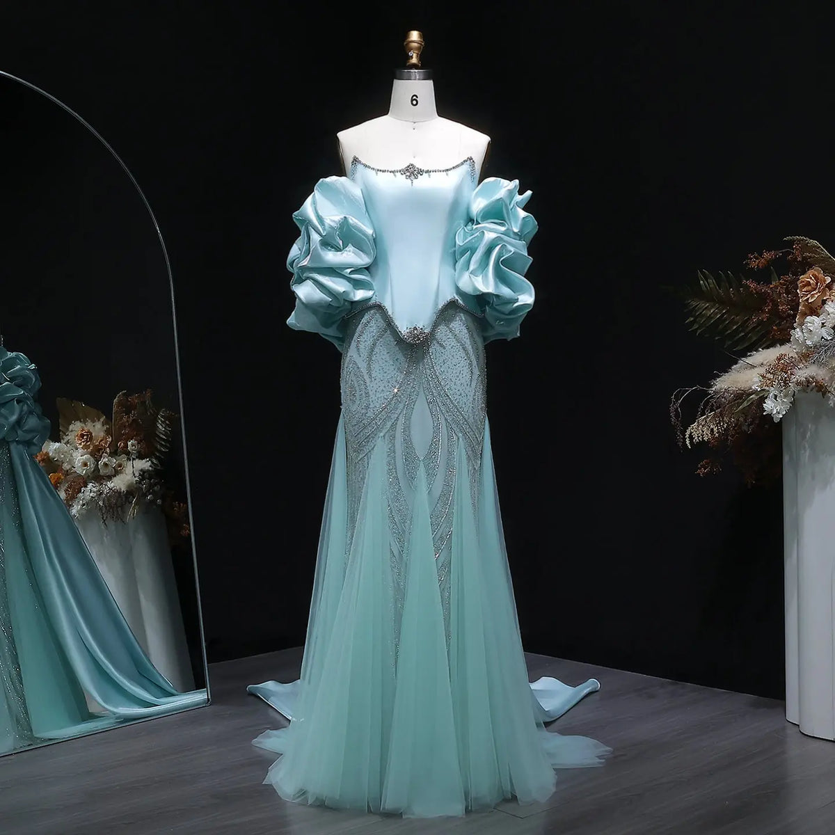 Luxury Aqua Strapless Puff Sleeve Beaded Mermaid Evening Dress SS501 Luxury Aqua Strapless Puff Sleeve Beaded Mermaid Evening Dress SS501