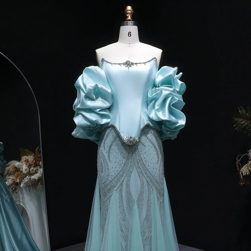 Luxury Aqua Strapless Puff Sleeve Beaded Mermaid Evening Dress SS501 