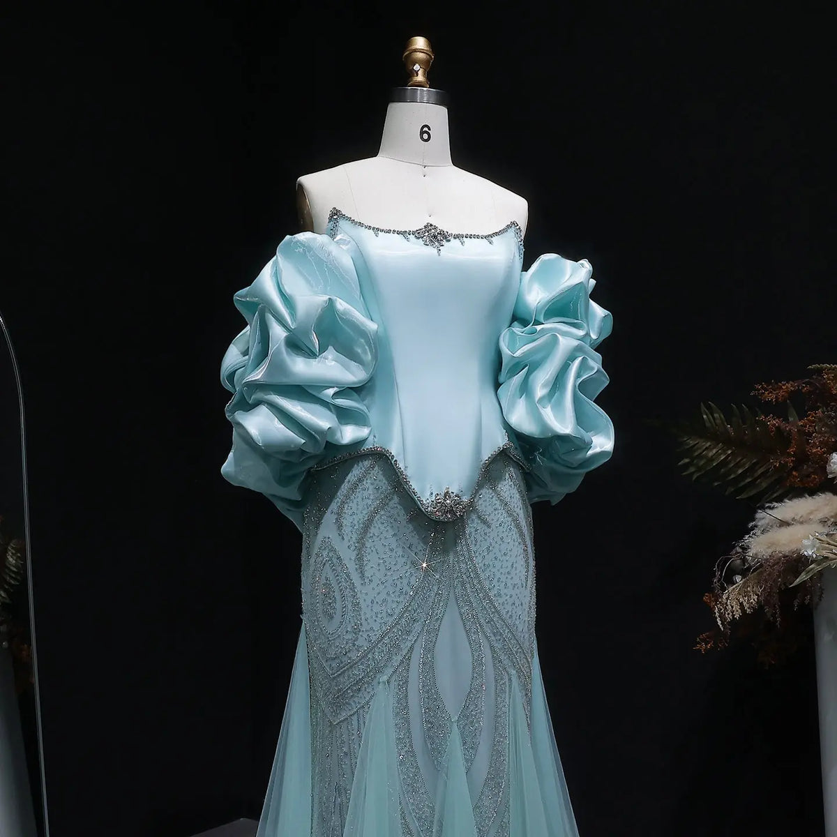 Luxury Aqua Strapless Puff Sleeve Beaded Mermaid Evening Dress SS501