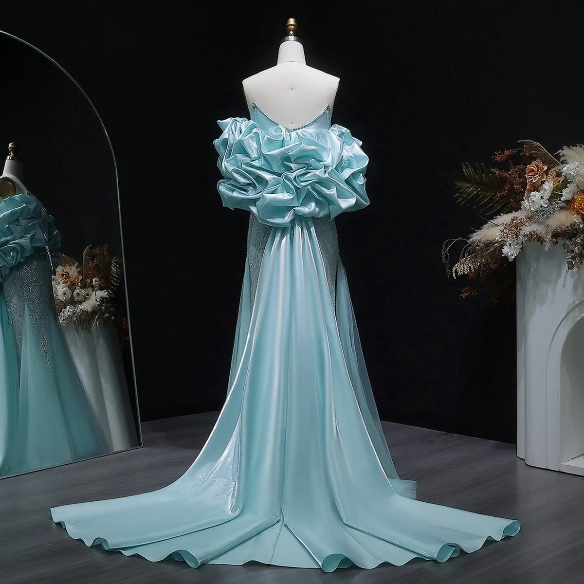 Luxury Aqua Strapless Puff Sleeve Beaded Mermaid Evening Dress SS501 Luxury Aqua Strapless Puff Sleeve Beaded Mermaid Evening Dress SS501