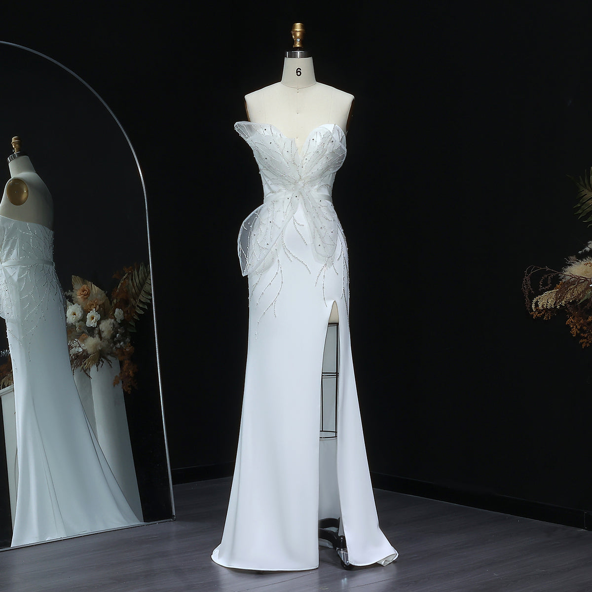 Charming White Beaded Ruched High Slit Sexy Evening Dress SS502 