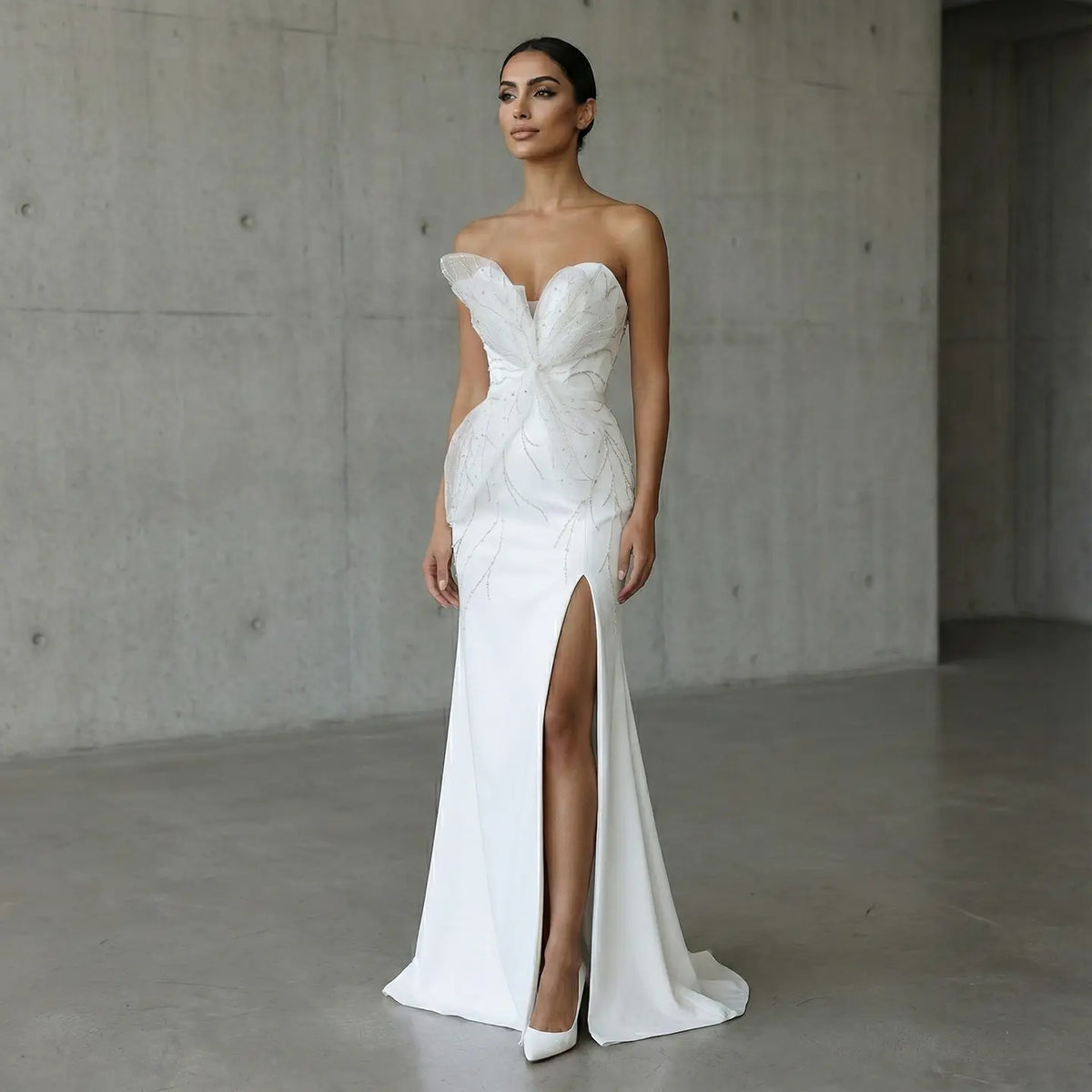 Charming White Beaded Ruched High Slit Sexy Evening Dress SS502 Charming White Beaded Ruched High Slit Sexy Evening Dress SS502