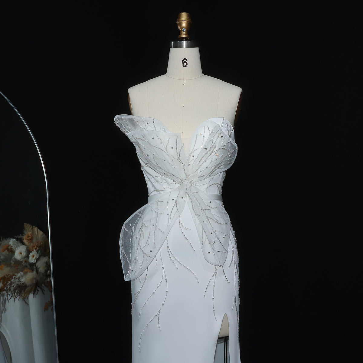 Charming White Beaded Ruched High Slit Sexy Evening Dress SS502 