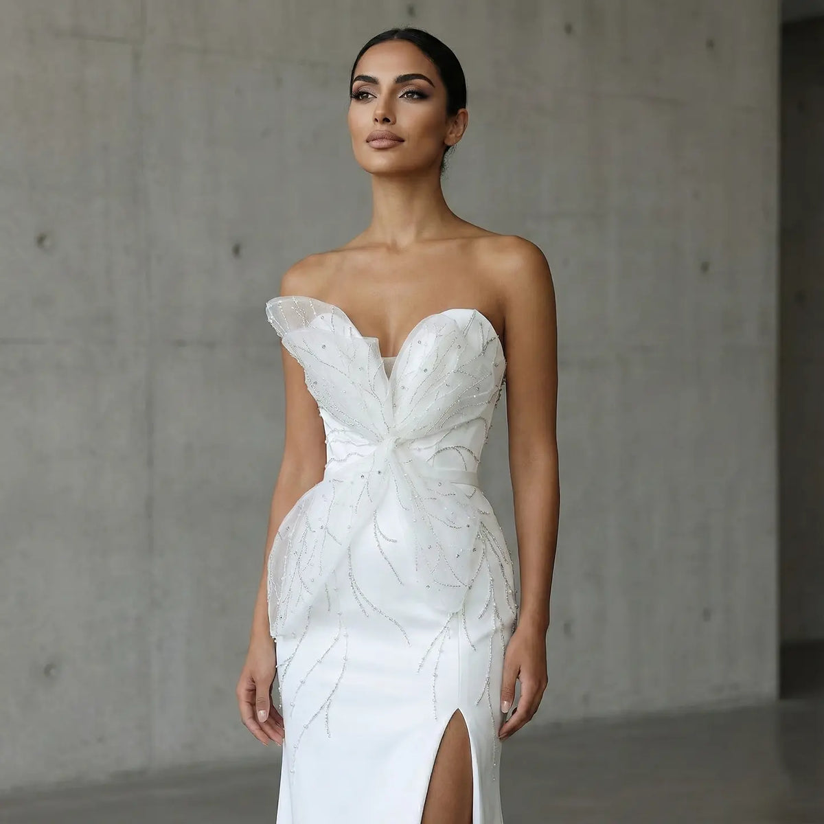 Charming White Beaded Ruched High Slit Sexy Evening Dress SS502 Charming White Beaded Ruched High Slit Sexy Evening Dress SS502