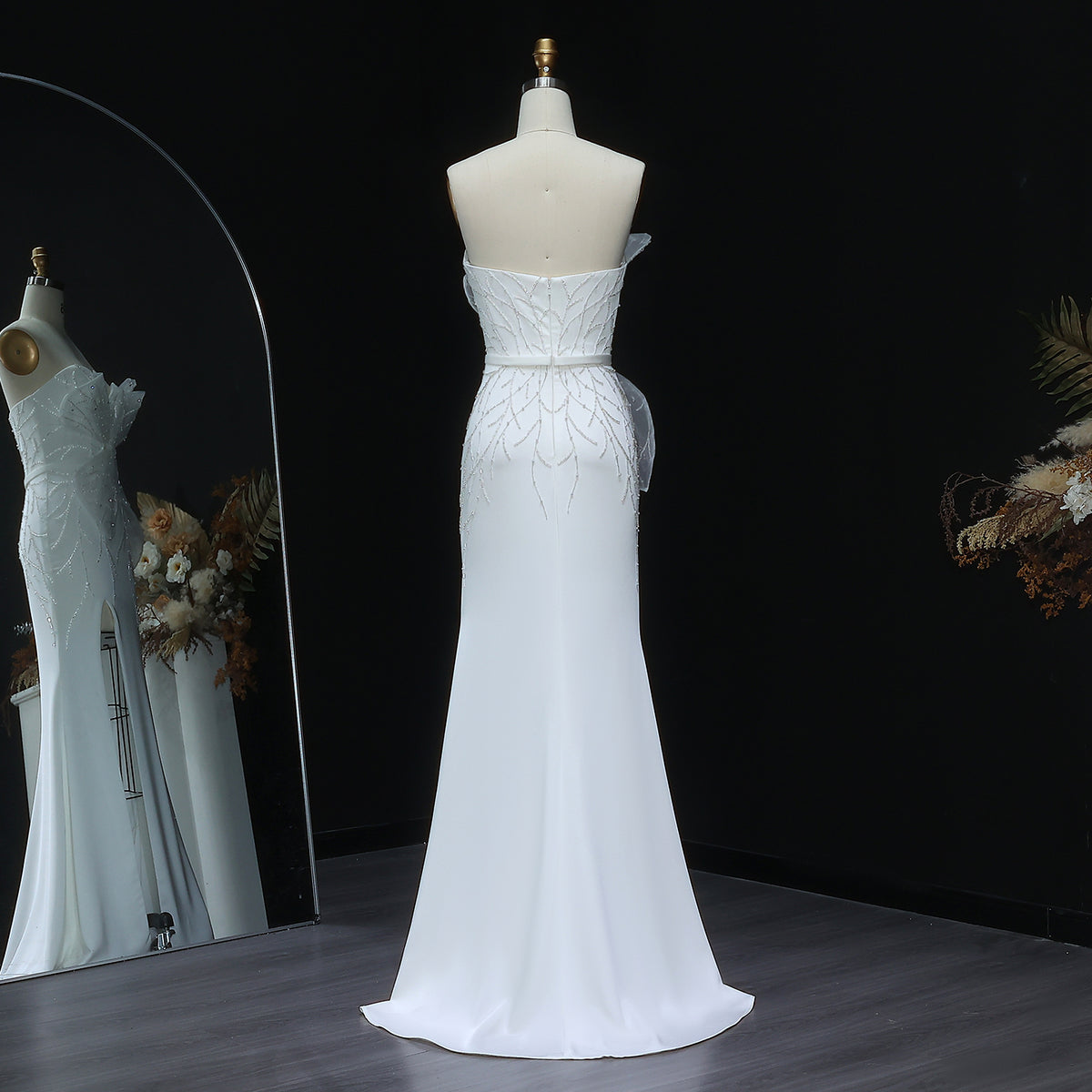 Charming White Beaded Ruched High Slit Sexy Evening Dress SS502 