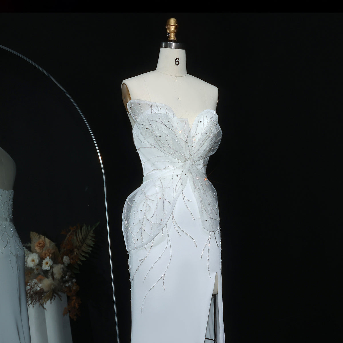 Charming White Beaded Ruched High Slit Sexy Evening Dress SS502 