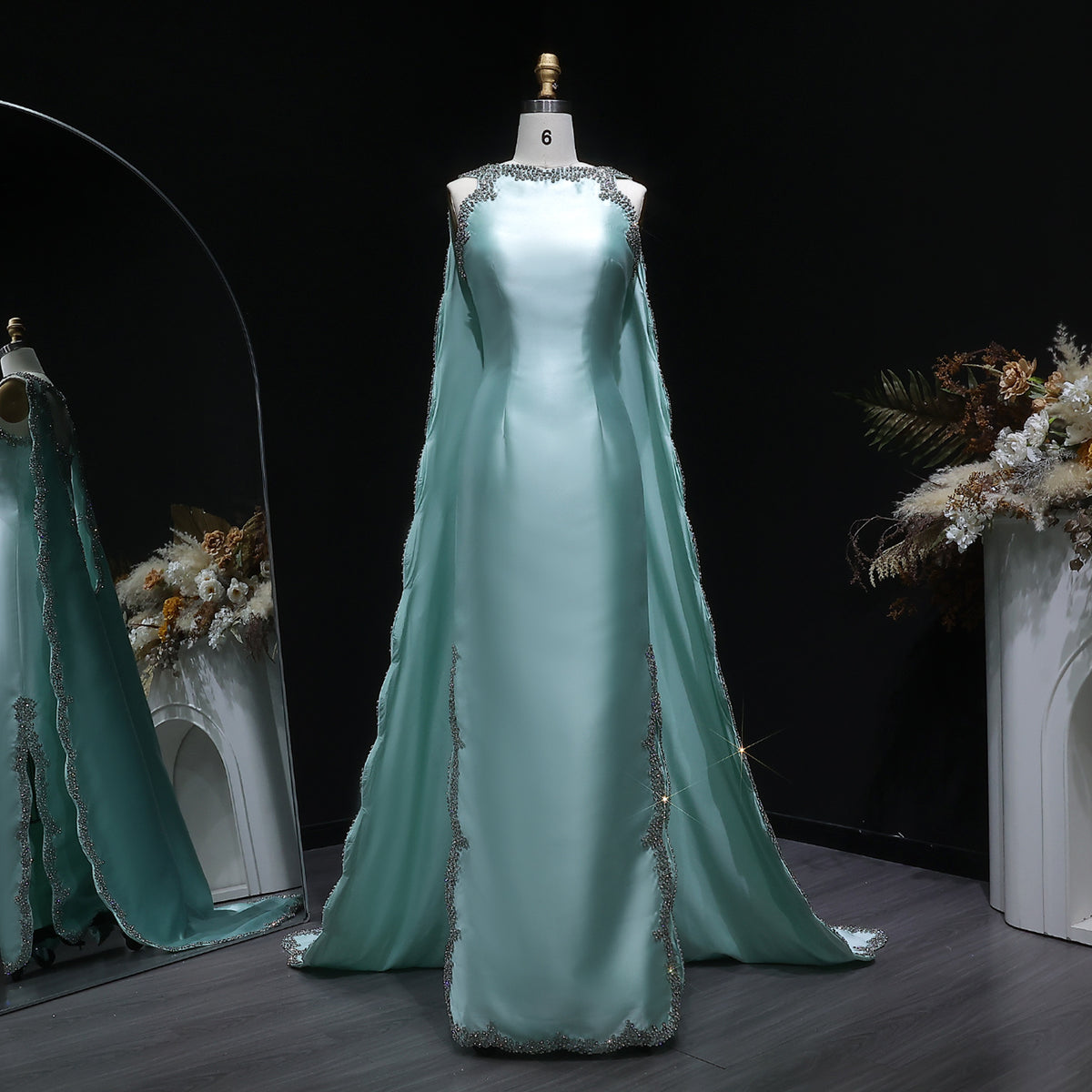Premium Mint Green Satin Crystal Stylish Evening Dress with Cape SS503 