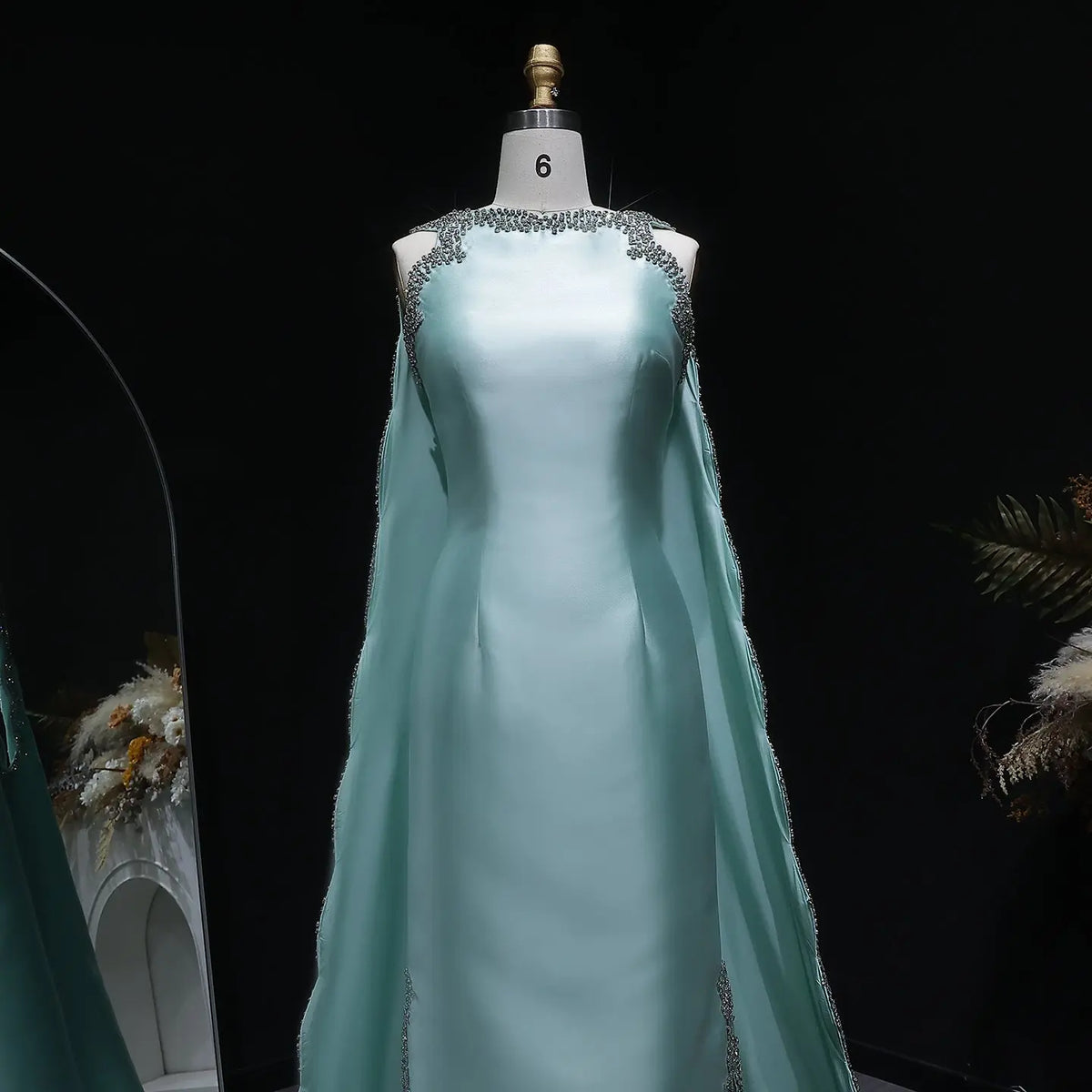 Premium Mint Green Satin Crystal Stylish Evening Dress with Cape SS503 Premium Mint Green Satin Crystal Stylish Evening Dress with Cape SS503