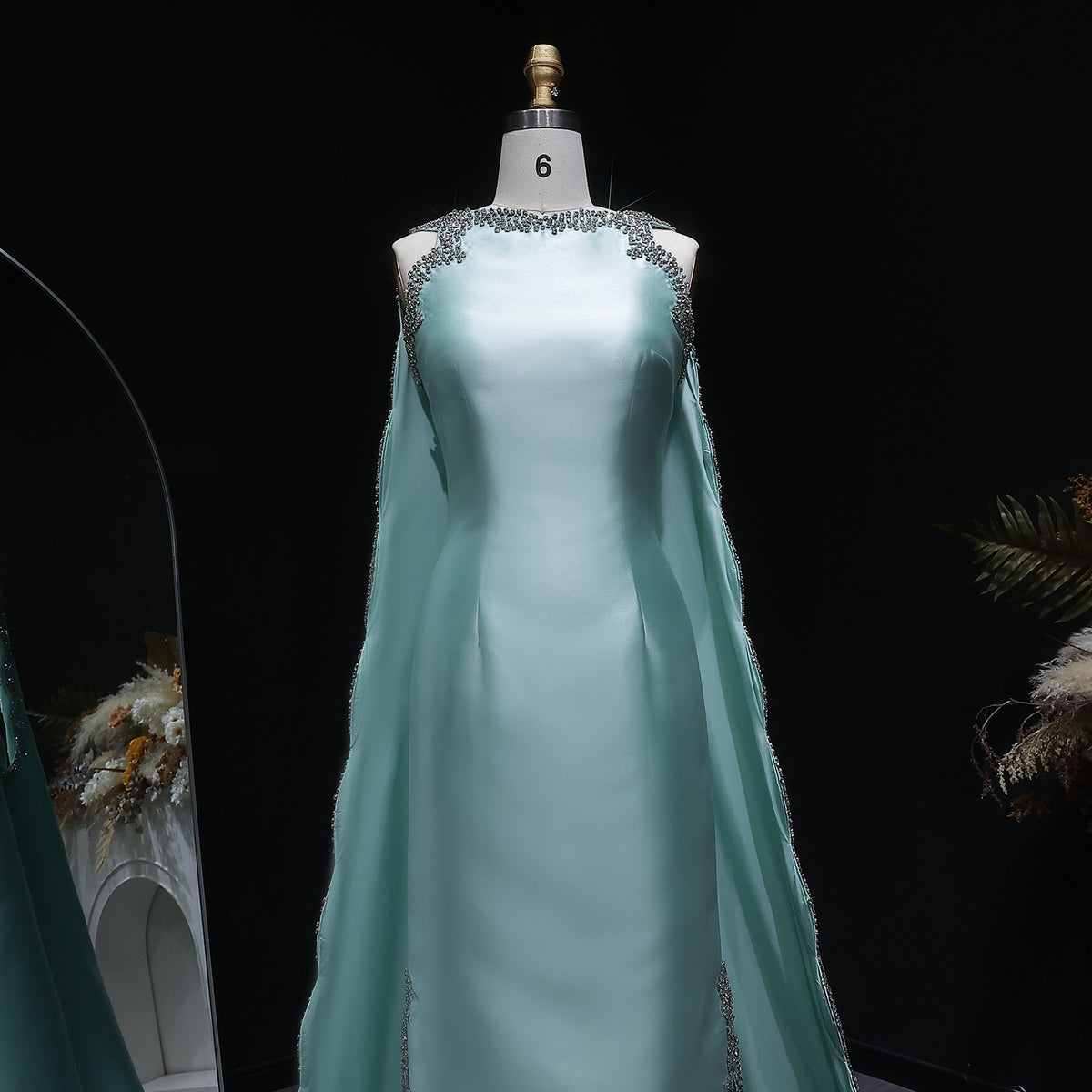 Premium Mint Green Satin Crystal Stylish Evening Dress with Cape SS503 