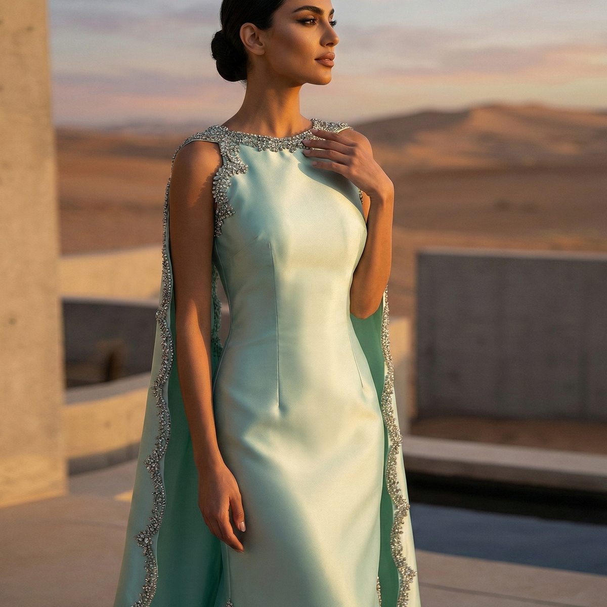 Premium Mint Green Satin Crystal Stylish Evening Dress with Cape SS503 