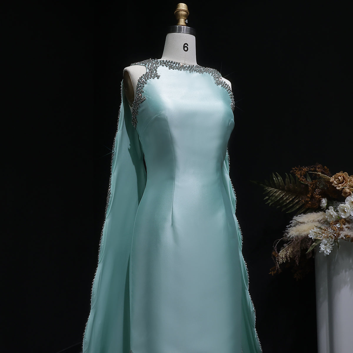 Premium Mint Green Satin Crystal Stylish Evening Dress with Cape SS503 
