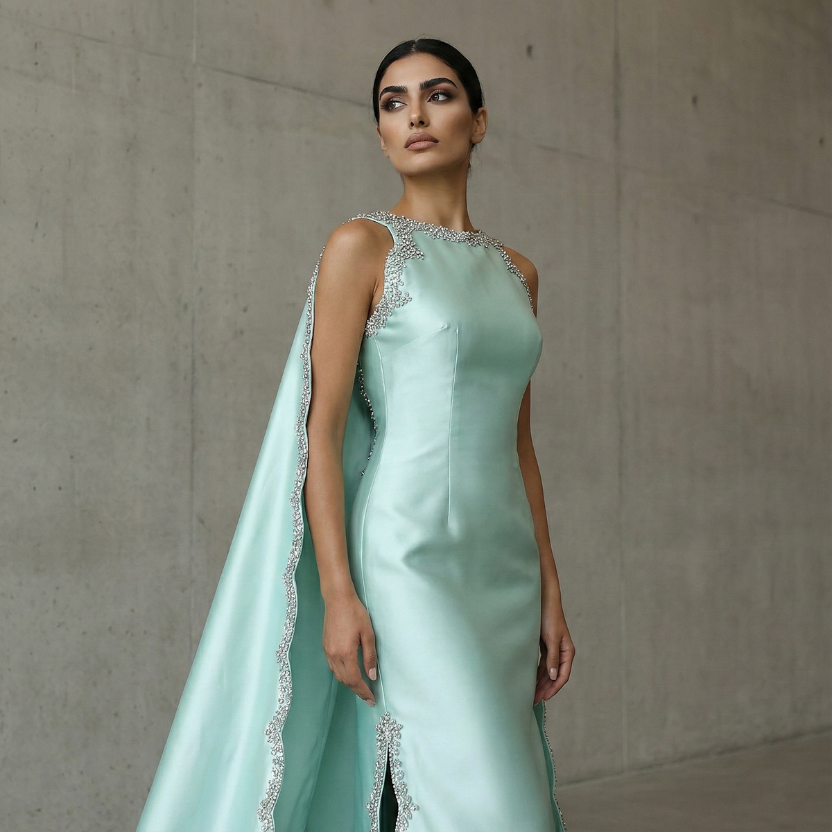 Premium Mint Green Satin Crystal Stylish Evening Dress with Cape SS503 