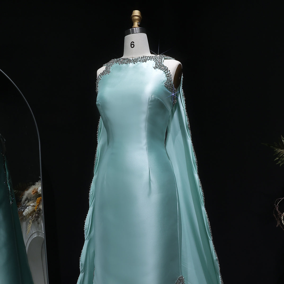 Premium Mint Green Satin Crystal Stylish Evening Dress with Cape SS503 