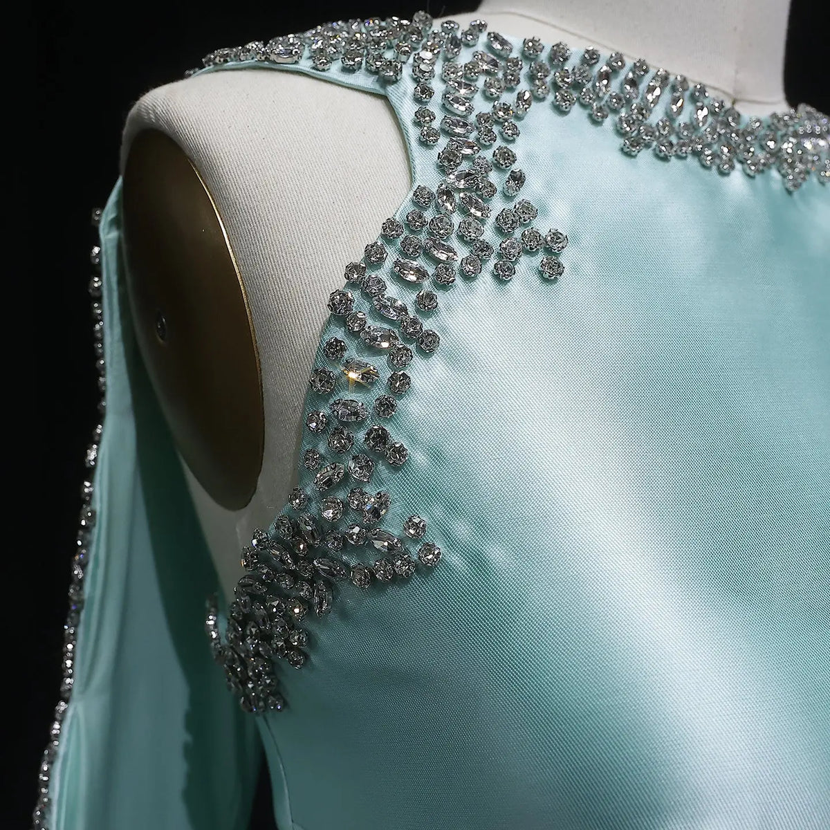 Premium Mint Green Satin Crystal Stylish Evening Dress with Cape SS503