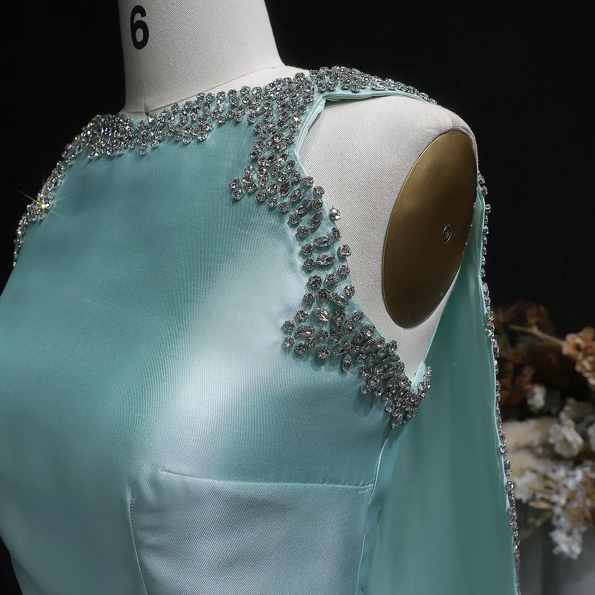 Premium Mint Green Satin Crystal Stylish Evening Dress with Cape SS503 Premium Mint Green Satin Crystal Stylish Evening Dress with Cape SS503