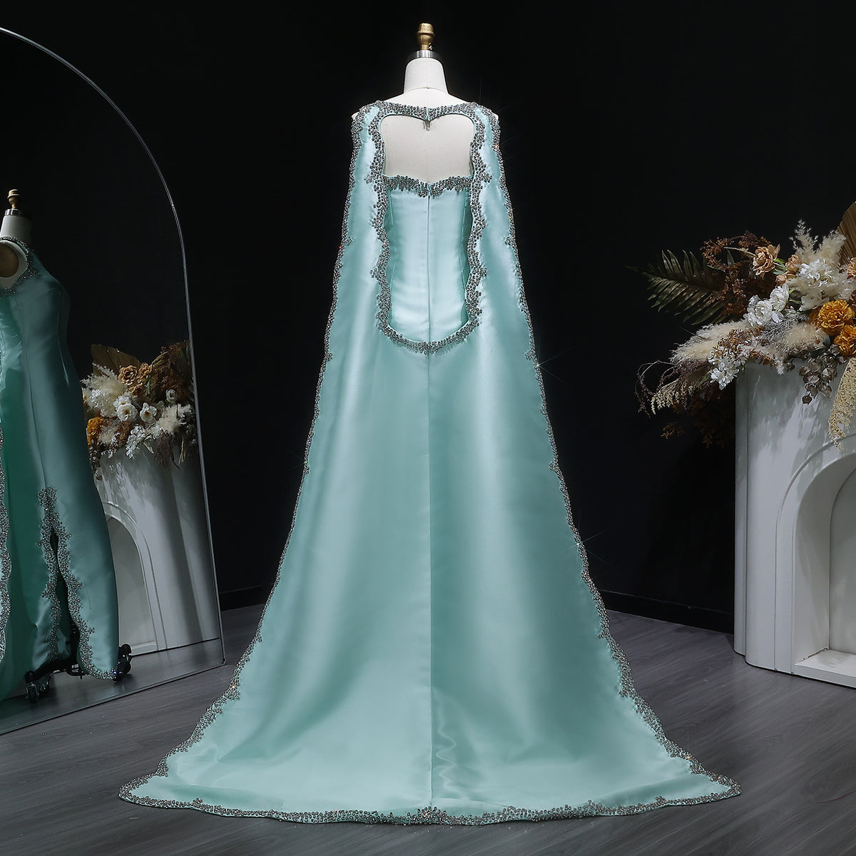 Premium Mint Green Satin Crystal Stylish Evening Dress with Cape SS503 
