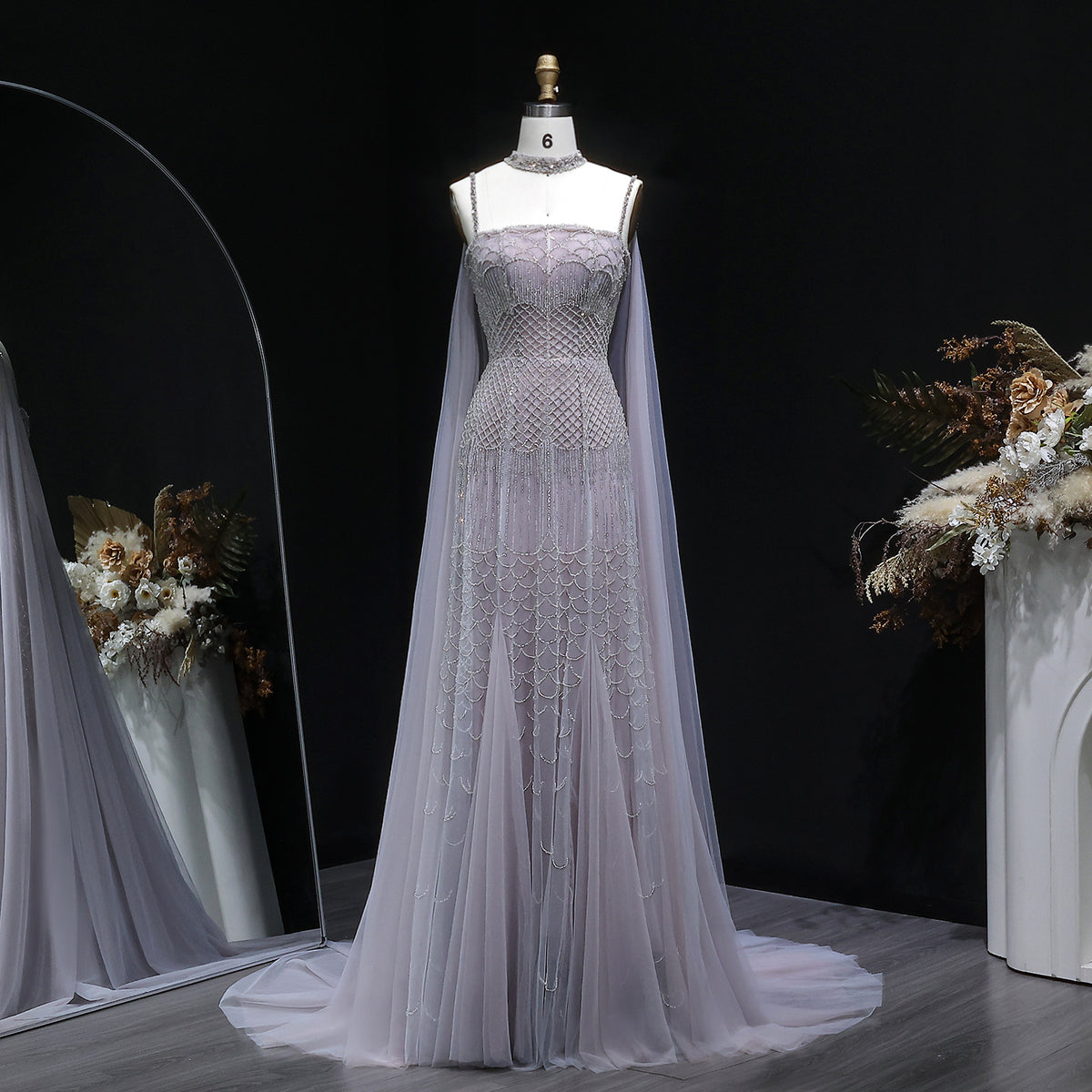 Elegant Beaded Lotus Pink Evening Dress with Sheer Cape Choker SS509 