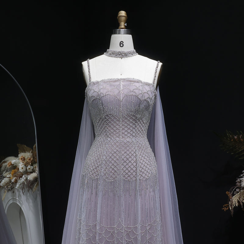 Elegant Beaded Lotus Pink Evening Dress with Sheer Cape Choker SS509 