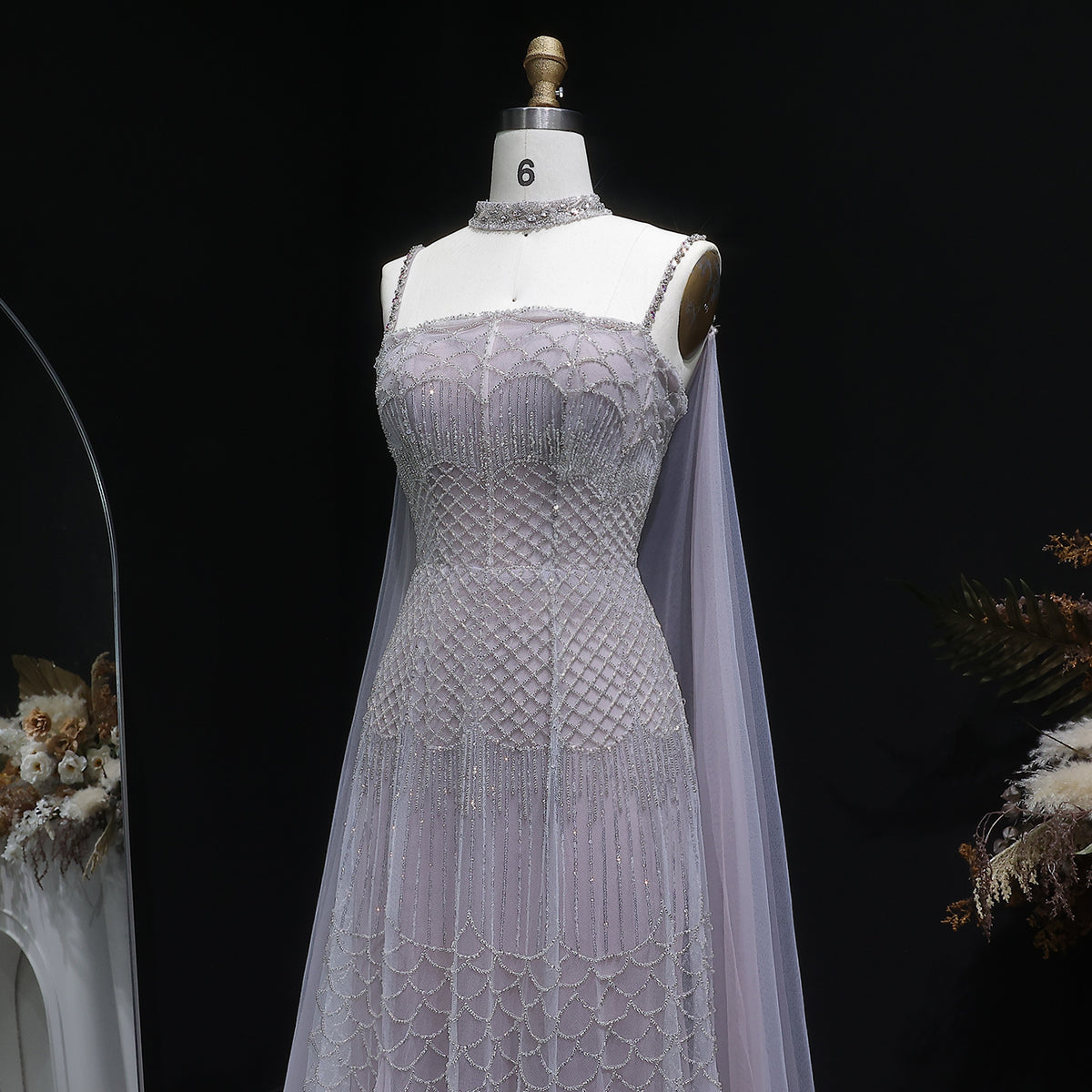 Elegant Beaded Lotus Pink Evening Dress with Sheer Cape Choker SS509 