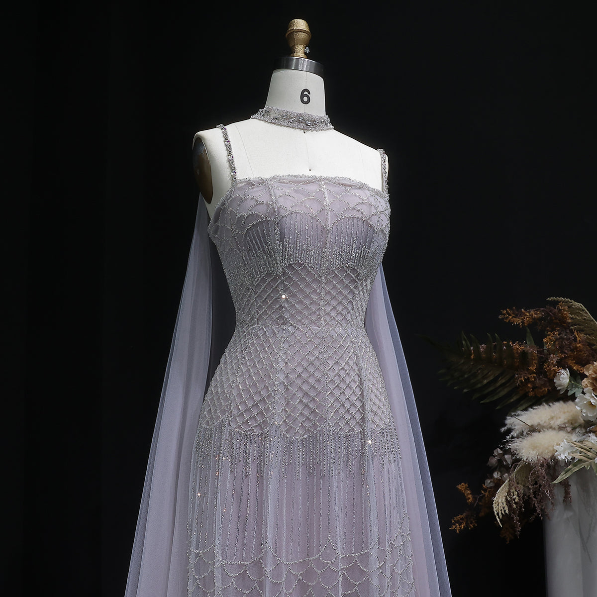 Elegant Beaded Lotus Pink Evening Dress with Sheer Cape Choker SS509 