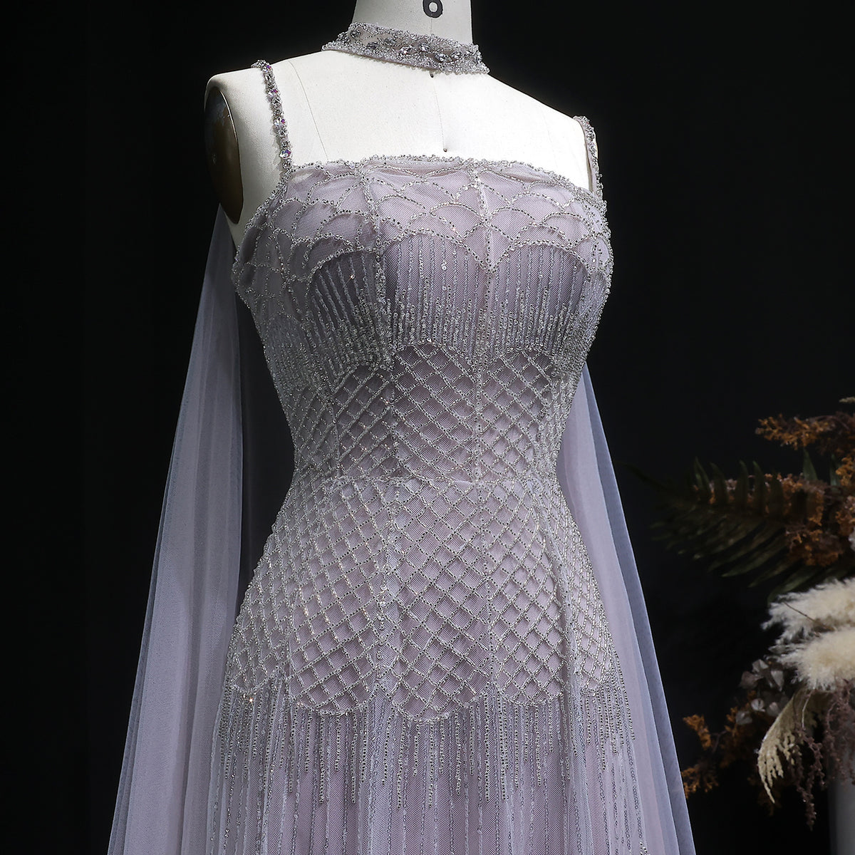 Elegant Beaded Lotus Pink Evening Dress with Sheer Cape Choker SS509 