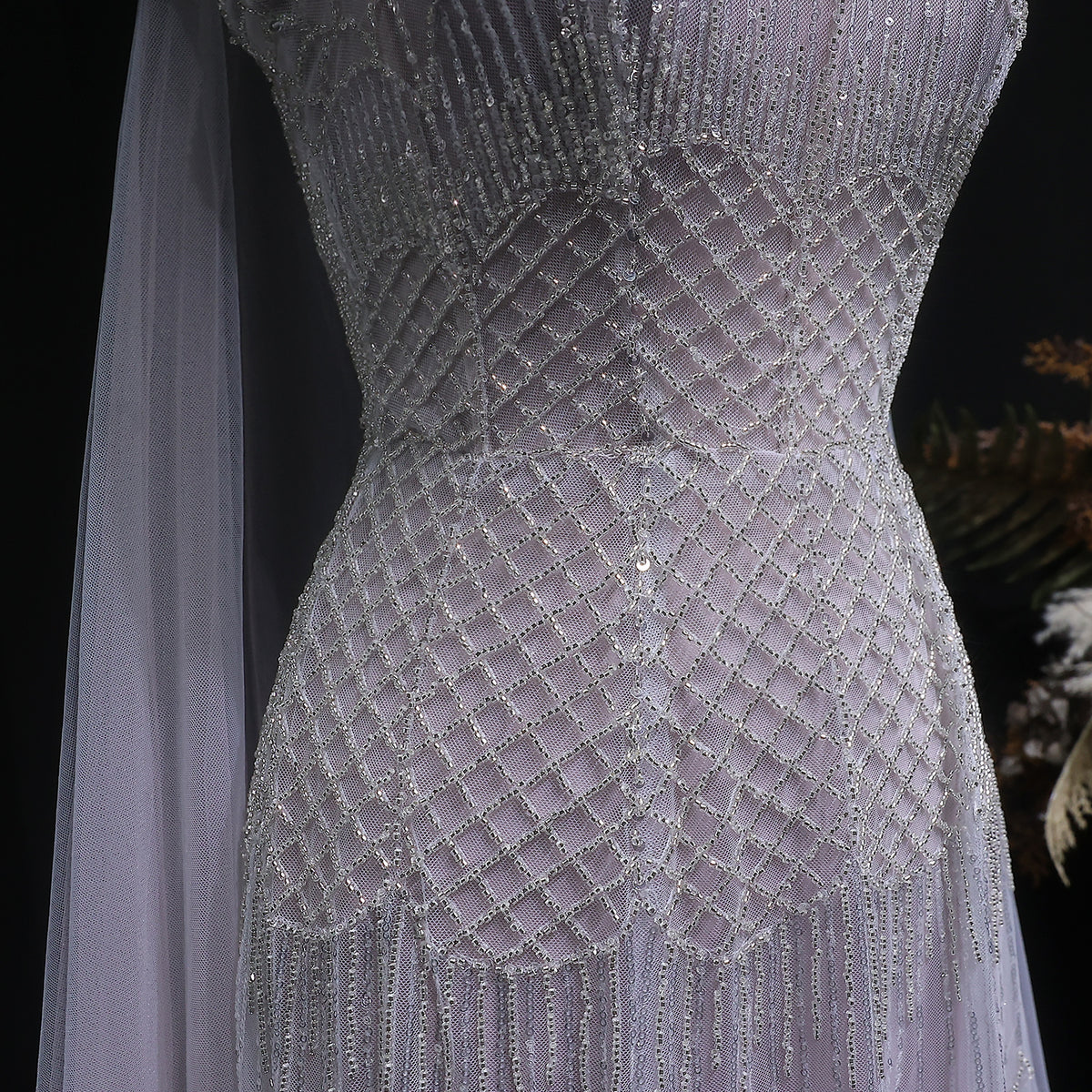 Elegant Beaded Lotus Pink Evening Dress with Sheer Cape Choker SS509 