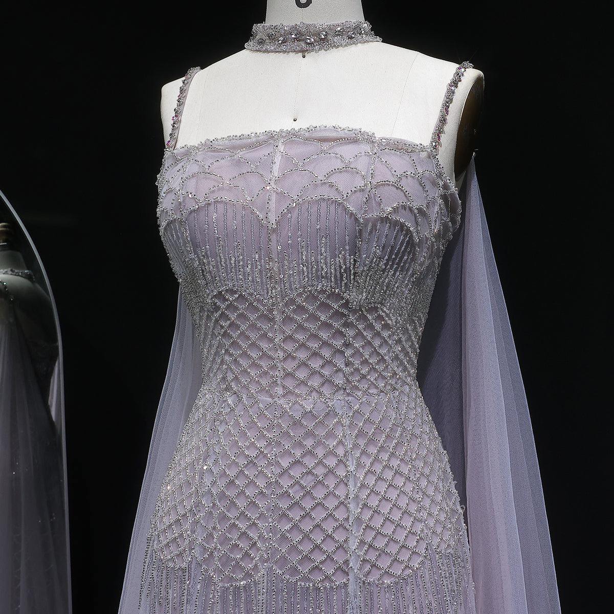 Elegant Beaded Lotus Pink Evening Dress with Sheer Cape Choker SS509 